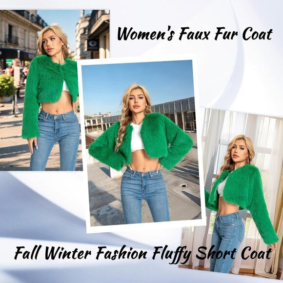Women Green Cropped Fur Coat for Faux Furry Long Sleeve Cropped Fluffy Jacket - Picture 4 of 6